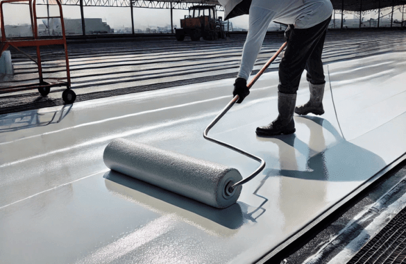 A man is applying a roof coating with a roller in Stockton and Roseville, CA.