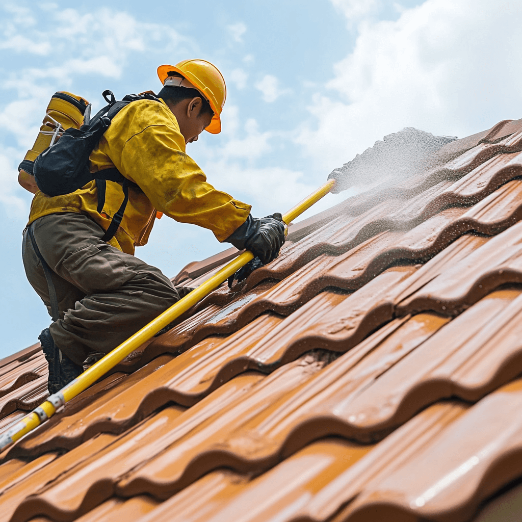 A man with a safety hat is cleaning the roof of a house located in Stockton and Roseville, CA.