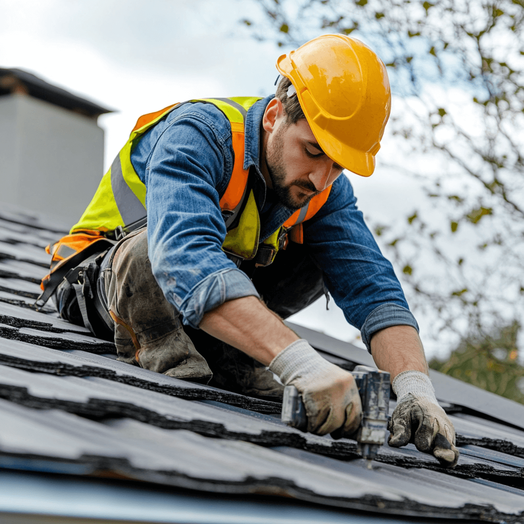 A professional is repairing the roof with the help of a tool in Stockton and Roseville, CA.