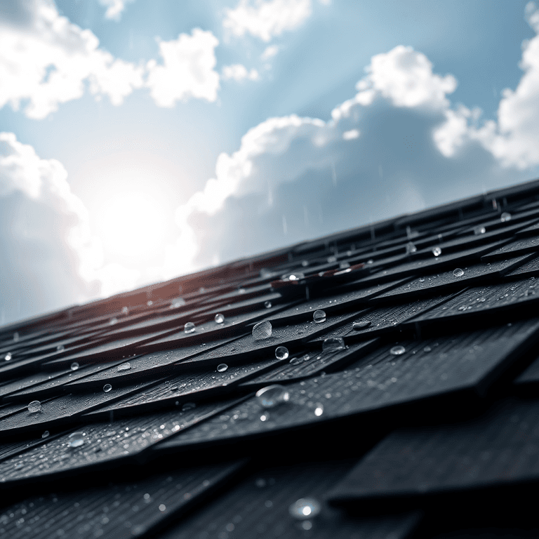 Close-up of a rooftop with water droplets falling from damaged shingles under a bright sky breaking through clouds.