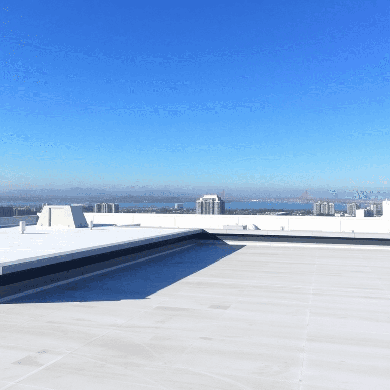 Rooftop of a modern commercial building with sleek roofing materials, clear blue sky, and the San Francisco Bay Area skyline faintly visible in the...
