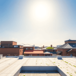 Rooftop view of various commercial buildings with flat, pitched, metal, and green roofs under a clear sunny sky.