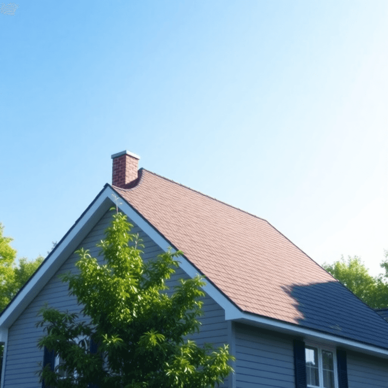 A sturdy house with a well-maintained roof, surrounded by green trees under a clear blue sky, sunlight highlighting the roof’s shingles.
