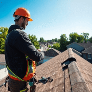 Roofer in safety gear inspecting a residential rooftop with tools nearby, a partially repaired roof, and suburban houses with trees under a clear b...