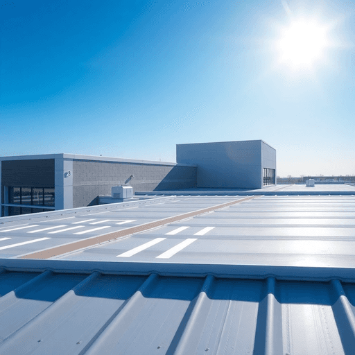 Rooftop of a modern commercial building with clean roofing materials under a bright blue sky, sunlight reflecting off the surface.