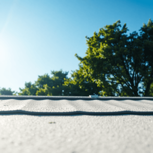 Close-up of a sunlit rooftop with textured surface, surrounded by green trees and blue sky, featuring sparkling light effects symbolizing cleanliness.