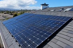 An aerial view of solar panels installed by NorCal Roofing & Gutters