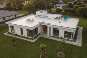 An aerial view of a white house in Stockton and Roseville, CA, after the roof.