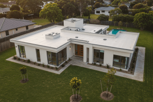 A Modern home with a swimming pool showcasing roof repair services in Sacramento, CA
